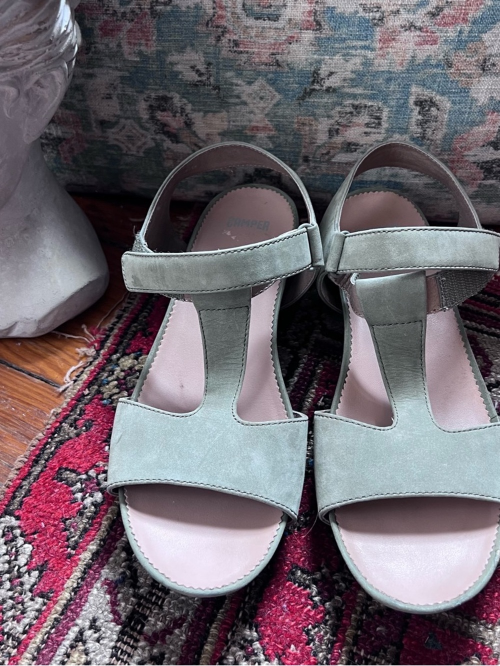 Camper Women's MICRO Suede T-Strap Sandal in Olive Green Size 39